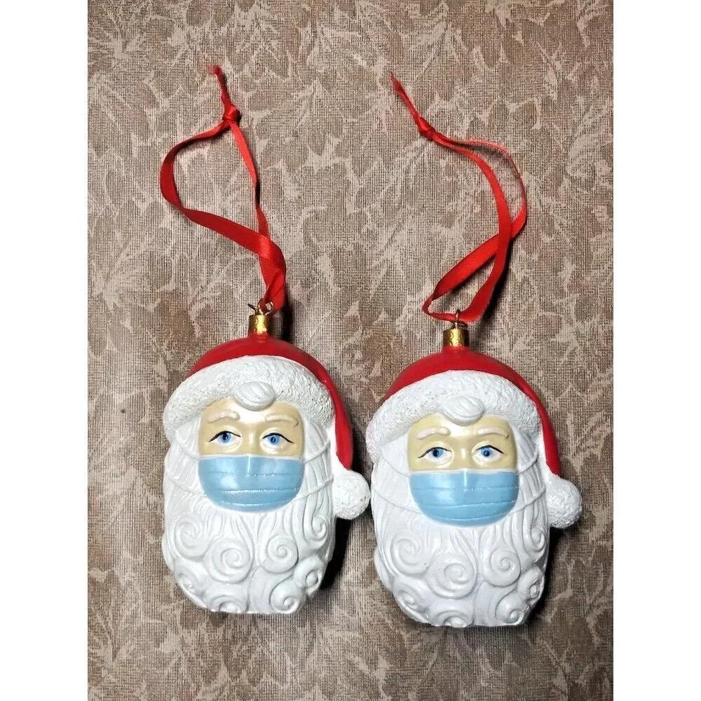 2 Santa Christmas Ornaments 3D Wearing Mask Creative 2020 Hanging Decor NEW